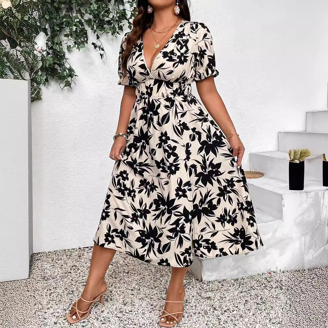 Damen Maxikleid mit V-Ausschnitt und elastischem Taillenbund EB