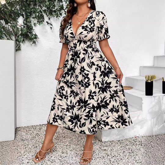 Damen Maxikleid mit V-Ausschnitt und elastischem Taillenbund EB