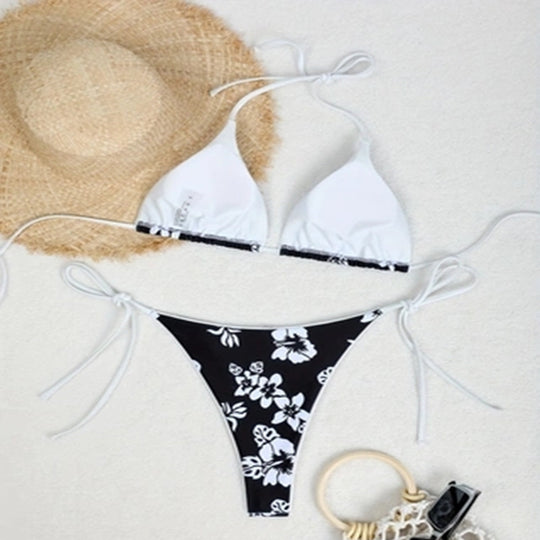 Damen Triangel-Bikini mit floralem Muster und verstellbaren Bindebändern EB