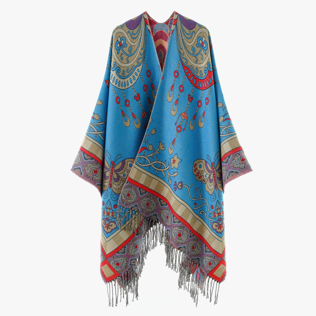 Damen Gewebter Kimono-Poncho mit Ornamentjacquard, V-Ausschnitt und Fransensaum EB