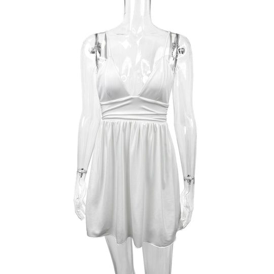 Damen Sommerliches V-Ausschnitt Kleid mit verstellbaren Spaghetti-Trägern und elastischer Taille EB