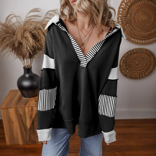 Damen lässiger Pullover mit Hemdkragen und gestreiften Ärmeln EB