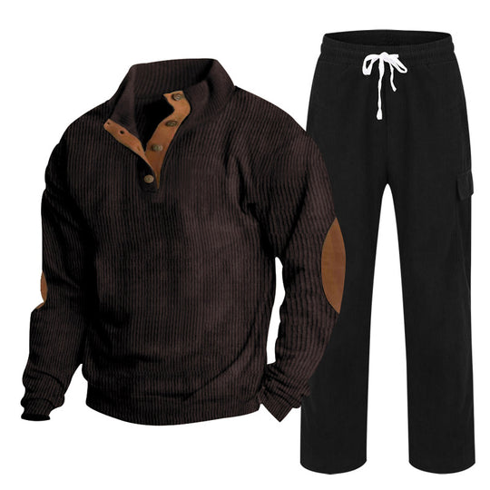 Herren nan strukturiertes Cord-Henley-Loungewear-Set mit Ellenbogenpatches und Cargo-Jogpant EB