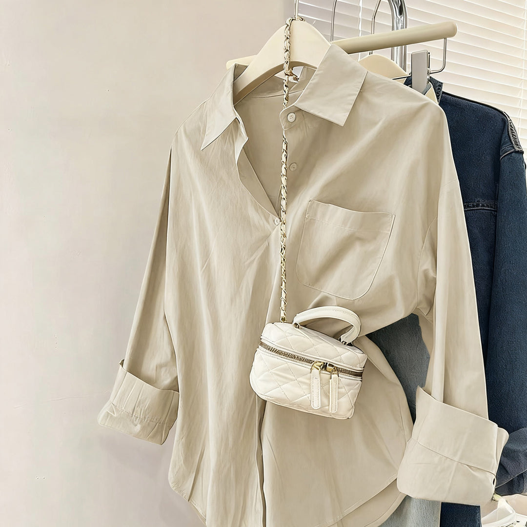 Damen nan oversized Hemdbluse mit Brusttasche, umgeschlagenen Ärmeln und relaxed Fit EB