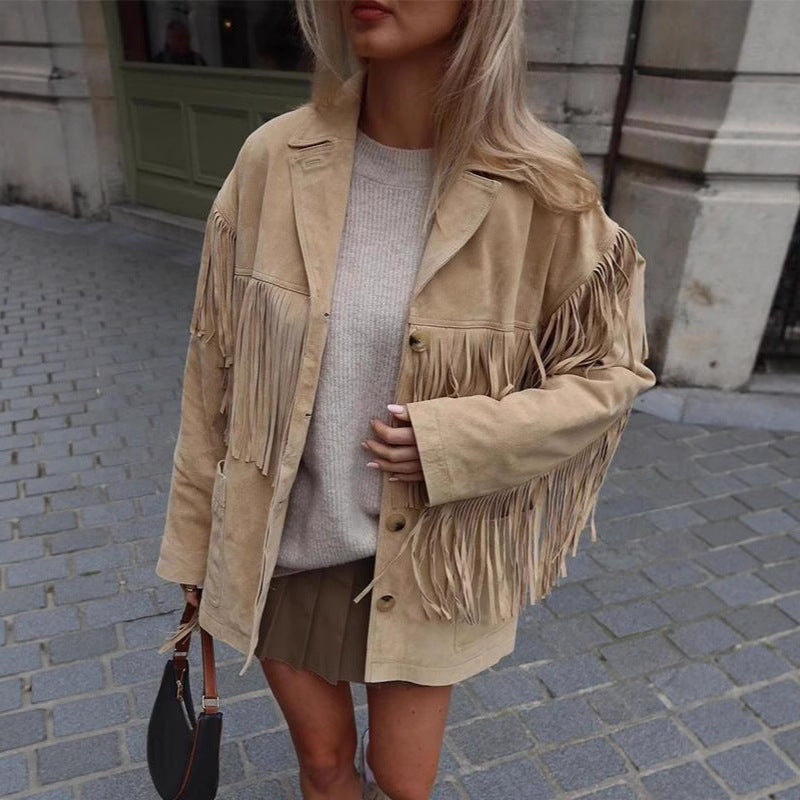 Damen Wildlederjacke mit Fransen und oversized Schnitt EB