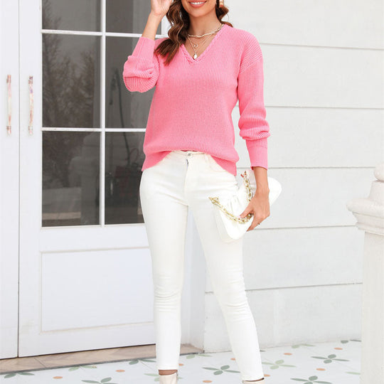 EB | Pullover - Damen Frühling Leicht V-Ausschnitt Strickpullover