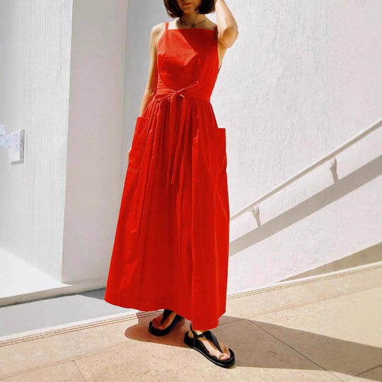 Damen Maxi-Kleid mit schwingendem Rock und praktischen Seitentaschen EB