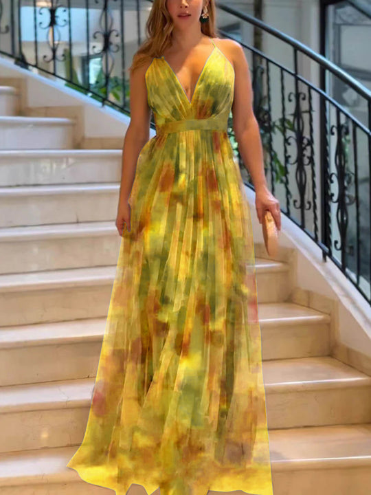 Damen Elegantes Maxikleid mit tiefem V-Ausschnitt und luftigen Stoffschichten EB
