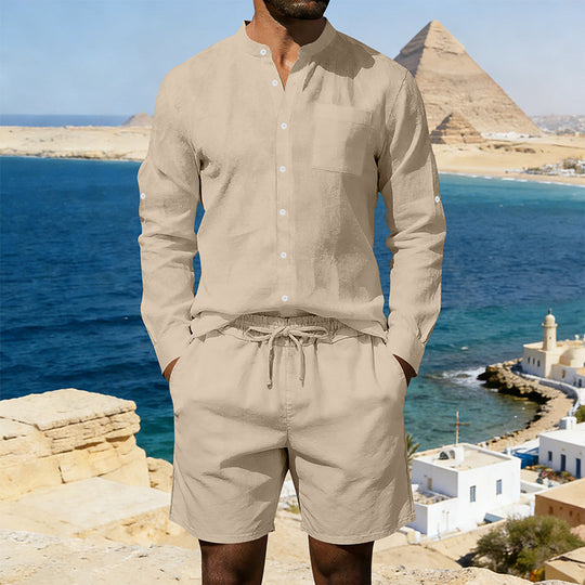 Herren nan sommerliches Leinen-Set mit Stehkragenhemd und Kordelzug-Kurzhose EB