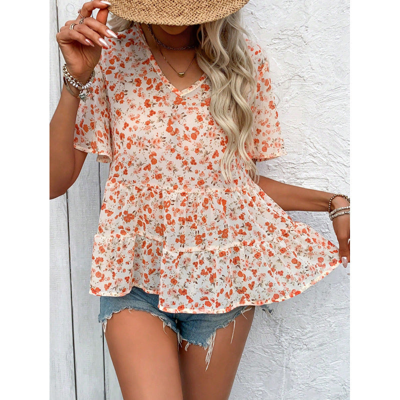 Damen Bluse mit Rüschenschnitt und floralem Muster EB