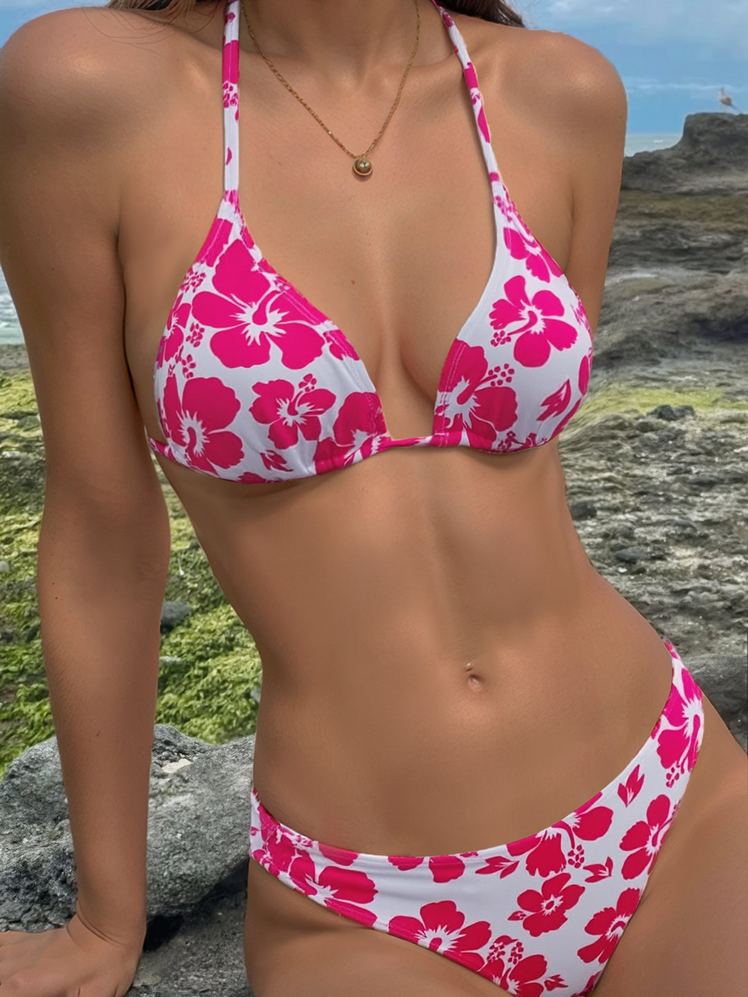 Damen Triangel-Bikini mit floralem Muster und verstellbaren Trägern EB