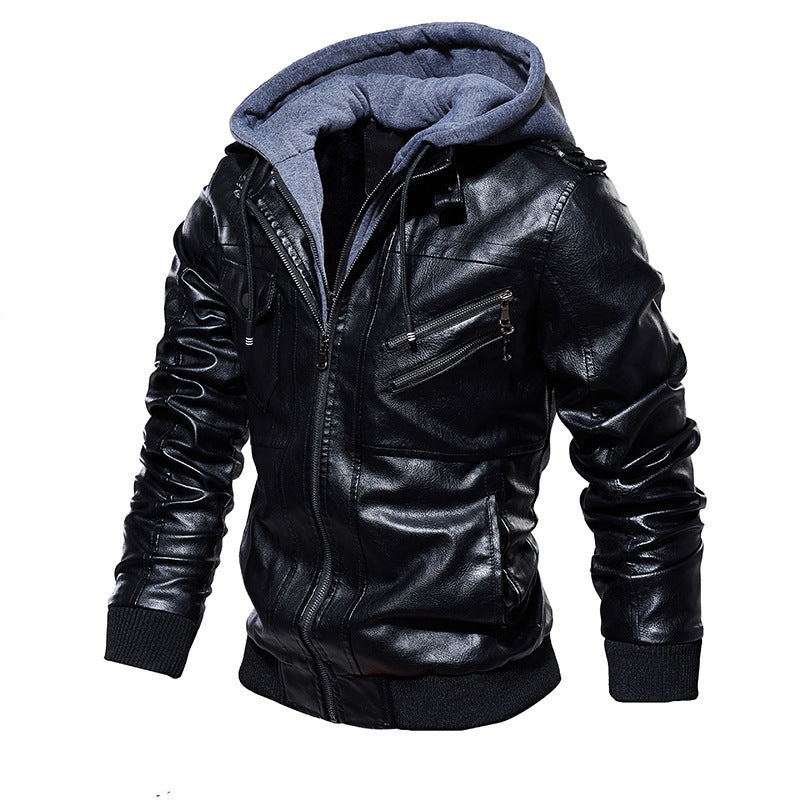 Herren lässige Kunstlederjacke mit abnehmbarer Kapuze und zahlreichen Taschen EB