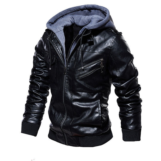 Herren lässige Kunstlederjacke mit abnehmbarer Kapuze und zahlreichen Taschen EB