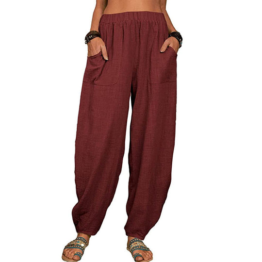 Damen nan lockere Leinenhose mit weitem Bein elastischem Bund und großen aufgesetzten Taschen EB