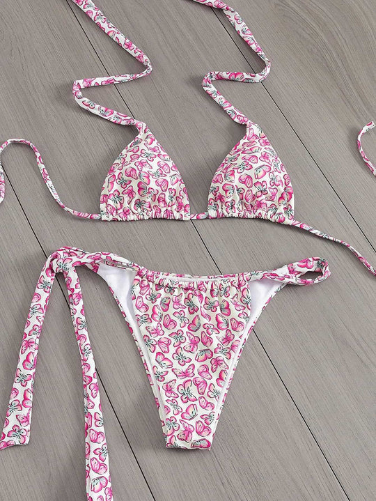Damen Floral Triangel-Bikini mit seitlichen Bindebändern EB