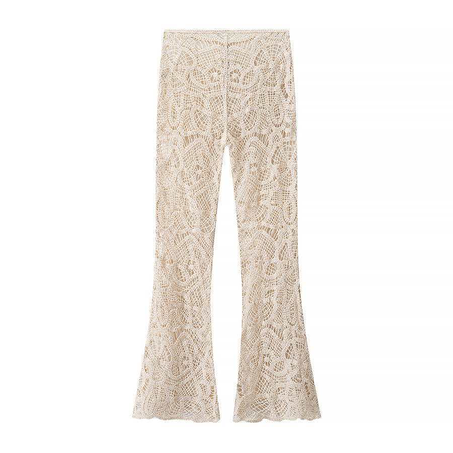 Damen nan gehäkelte Schlaghose mit floralem Crochetmuster, elastischem Bund und teilgefüttertem Innenbein EB