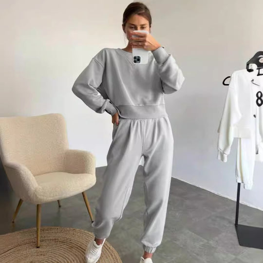 Damen nan Cropped-Sweater-Set mit V-Nahtdetail und hoher Taille Jogginghose EB