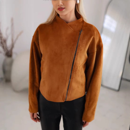 Damen Trendige Kurzjacke im lässigen Biker-Stil mit asymmetrischem Reißverschluss und tiefem Kragen EB