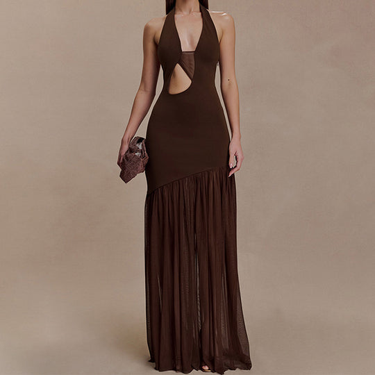 Damen Elegantes Maxikleid mit asymmetrischem Schnitt und tiefem V-Ausschnitt EB