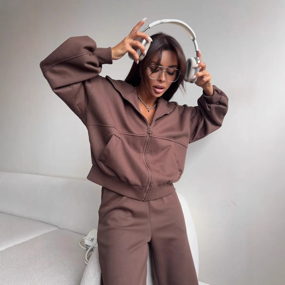 Damen Oversized Hoodie-Jacke mit hoher Stehkapuze und gerader Relax-Sweathose EB