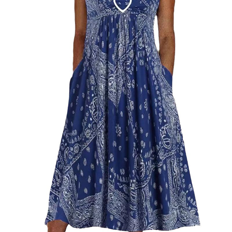 Damen nan luftiges Maxi-Kleid mit Paisley-Bandana-Print, geraffter Empire-Taille und praktischen Seitentaschen EB
