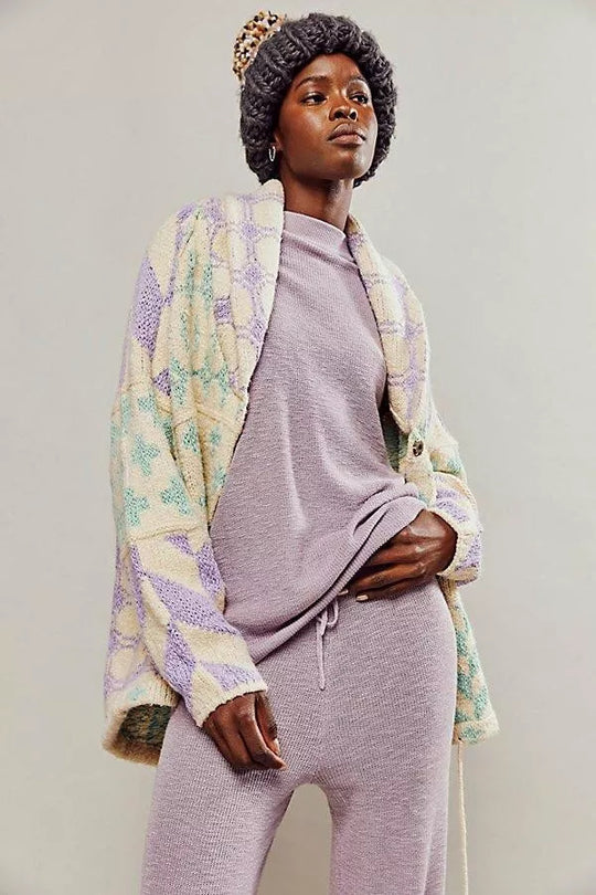 Damen Oversized Strickjacke mit Schalkragen und grafischem Muster EB