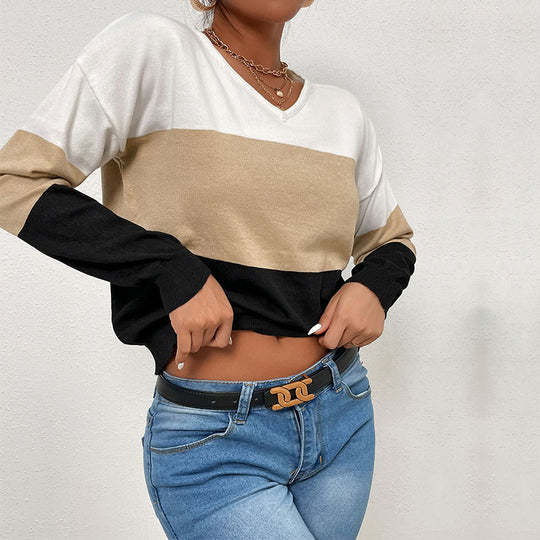 Damen V-Ausschnitt Pullover mit gestreiftem Design und lässigem Schnitt EB