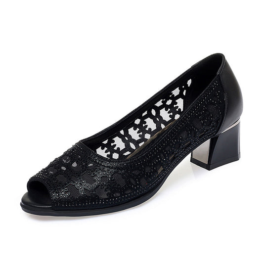 Damen Peeptoe Pumps mit elegantem Spitzenverzierung und komfortablem Blockabsatz EB