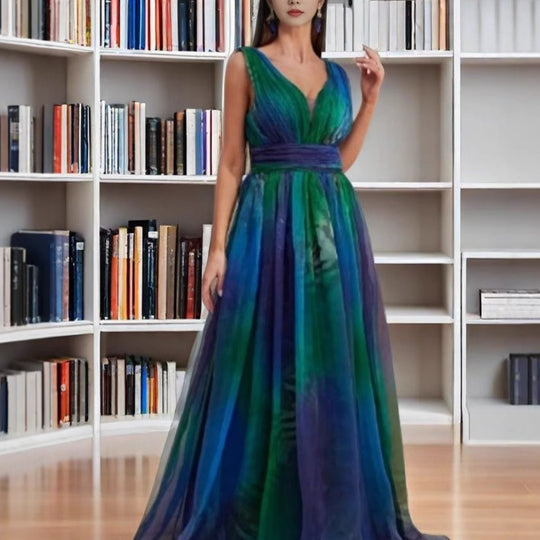 Damen Elegantes Abendkleid mit schimmernden Tüll-Lagen und tiefem V-Ausschnitt EB