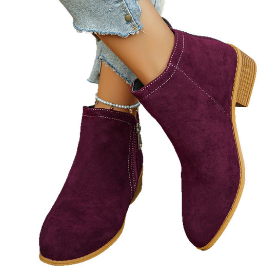 Damen elegante Ankle-Boots aus Velourslederimitat mit seitlichem Reißverschluss und niedrigem Blockabsatz EB