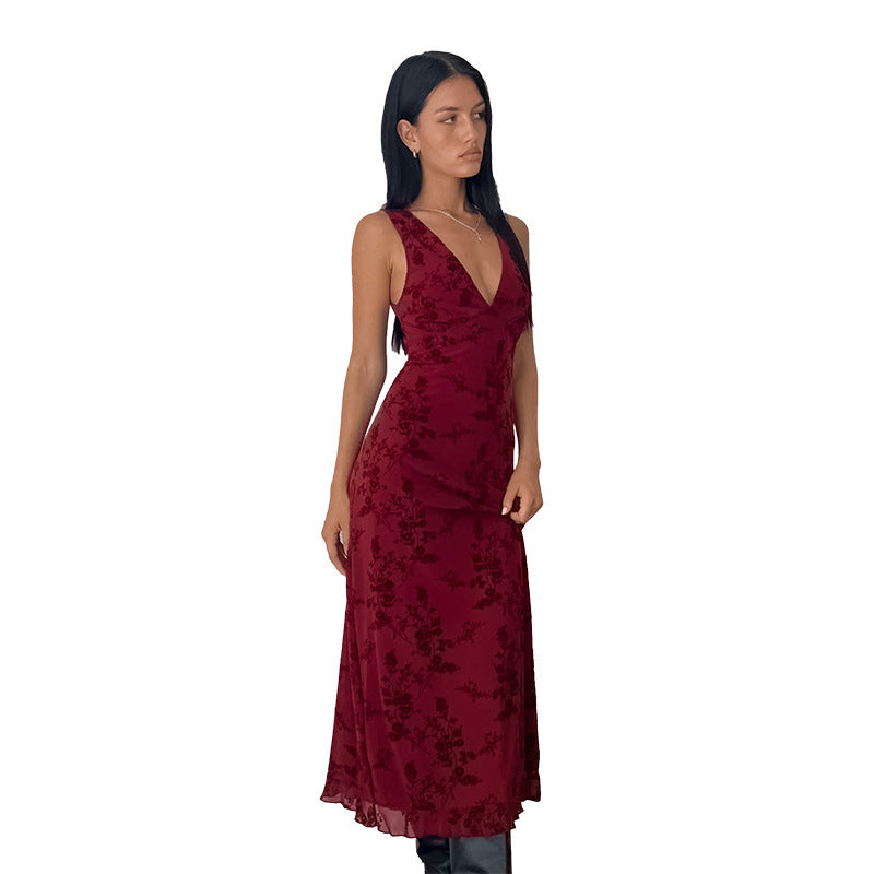 Damen Maxikleid mit floralem Spitzenmuster und tiefem V-Ausschnitt EB