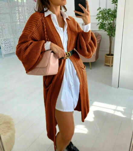 Damen Langer Strickmantel mit großzügigen Taschen EB