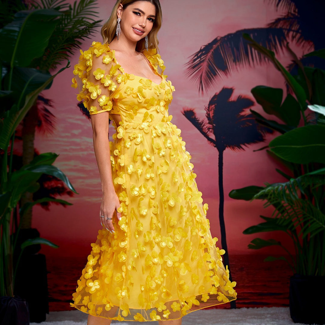 Damen Rüschenmaxikleid mit floralen Applikationen und Puffed-Ärmeln EB