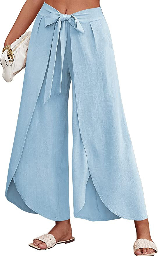 Damen Weite Sommerhose aus leichtem, atmungsaktivem Stoff mit Bindegürtel EB