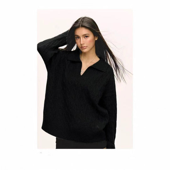 Damen Grob gestrickter Pullover mit V-Ausschnitt und Kragen EB