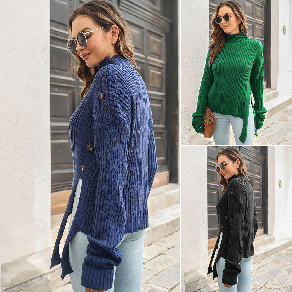 Damen Grobstrickpullover mit hochgeschlossenem Hals und dekorativen Knopfdetails EB