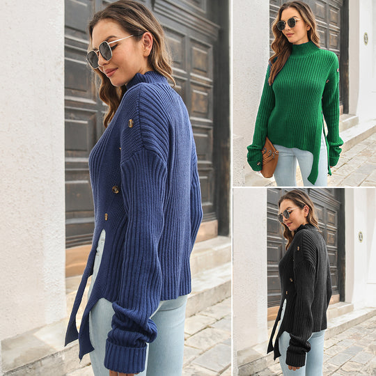 Damen Grobstrickpullover mit hochgeschlossenem Hals und dekorativen Knopfdetails EB