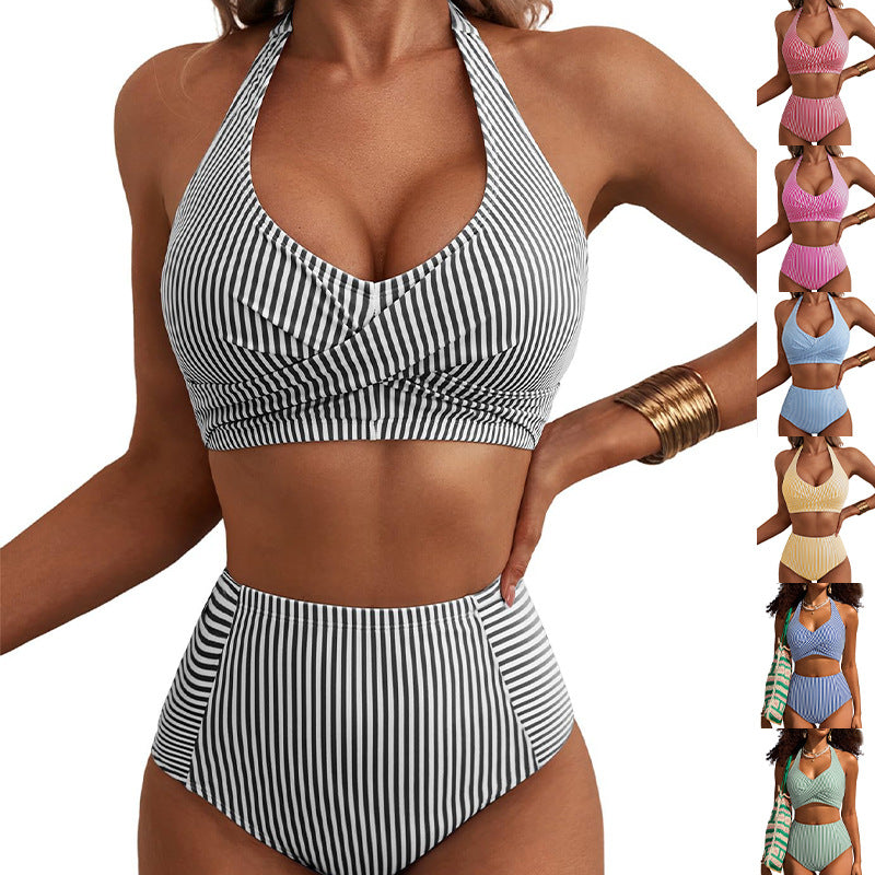 Damen Hochbundiger Streifen-Bikini EB