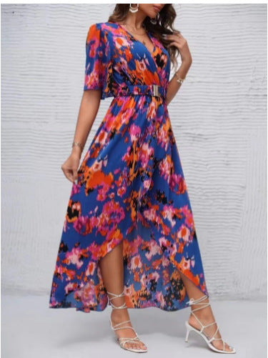 Damen Elegantes Maxi Kleid mit floralen Mustern und Taillengürtel EB