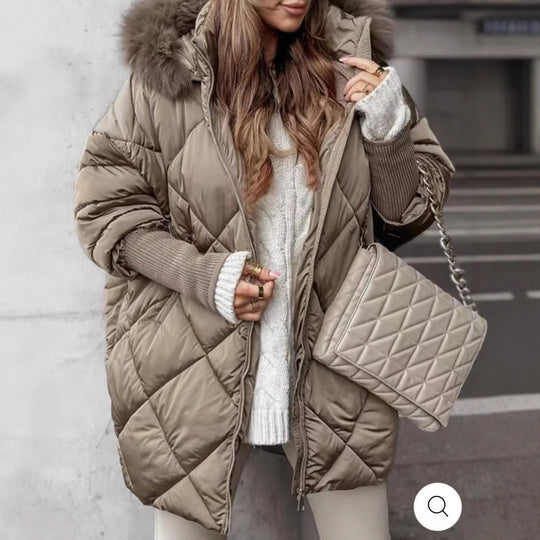 Damen Oversized Steppjacke mit abnehmbarem Kunstfellkragen EB