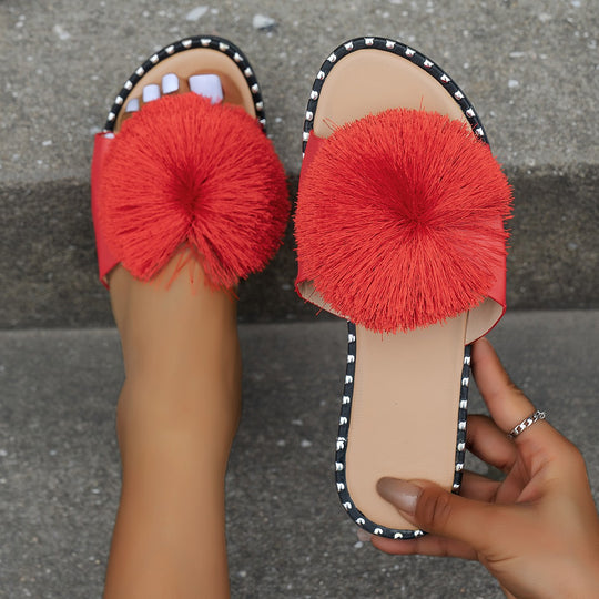 Damen Mules mit dekorativem Pompon und rutschfester Sohle EB
