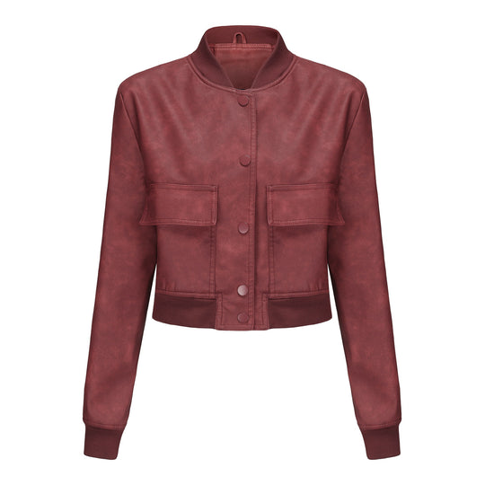 Damen nan kurze Crop-Kunstlederjacke im Blousonstil mit Druckknopffront und aufgesetzten Pattentaschen EB