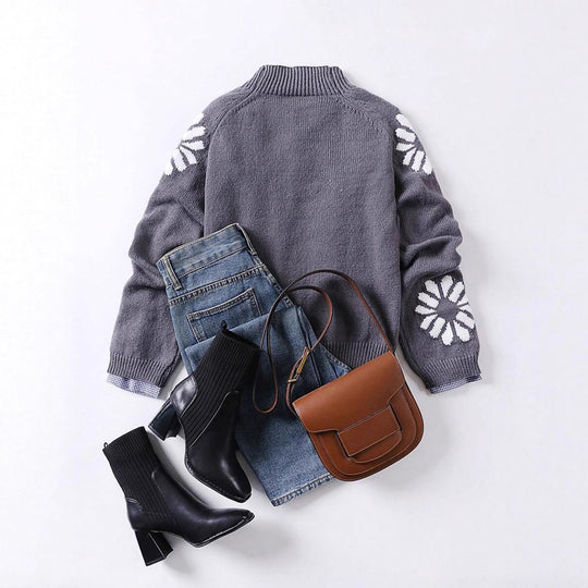Damen Strickpullover mit floralem Motiv und modernem Rundhalsausschnitt EB