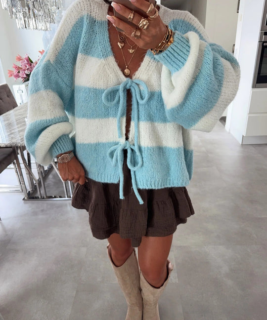 Damen lockere Strickjacke mit breiten Streifen und Bindegürtel EB