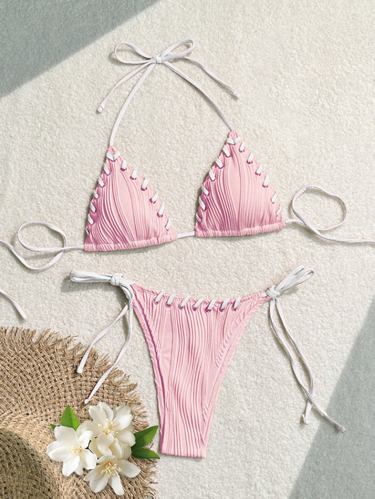 Damen Triangel-Bikini mit kontrastierenden Schnürdetails EB