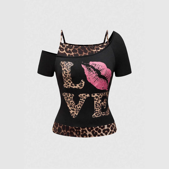 Damen Off-Shoulder Top mit Leopardenmuster und auffälligem Grafikdesign EB