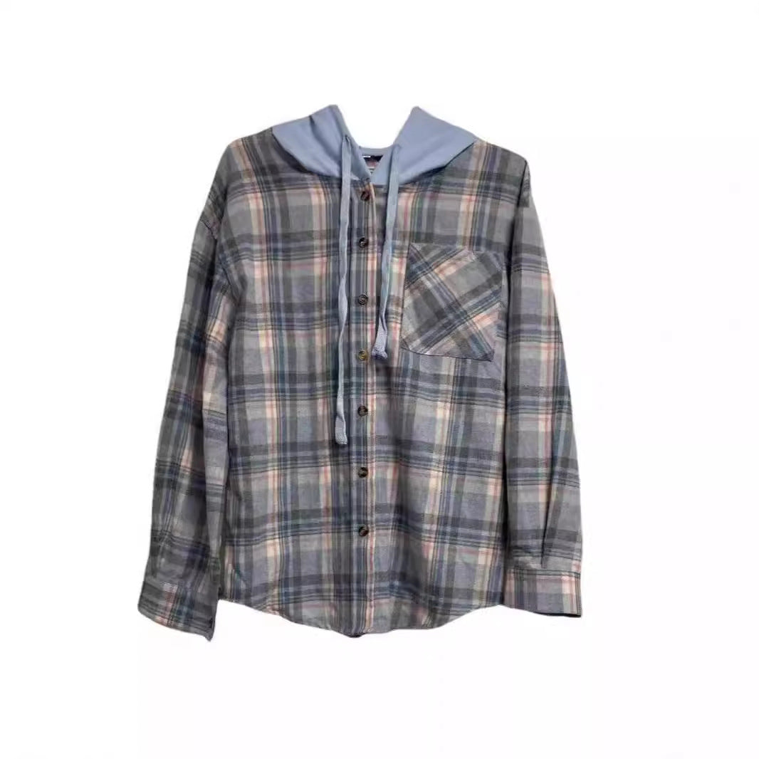 Damen nostalgische Karobluse mit Kapuze und Knopfverschluss EB