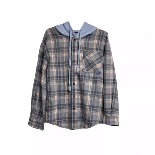 Damen nostalgische Karobluse mit Kapuze und Knopfverschluss EB
