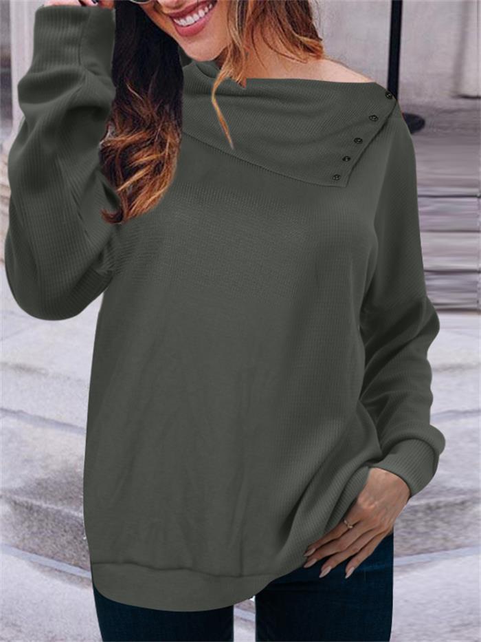 Damen eleganter Oversized Pullover mit asymmetrischem Halsausschnitt und Knopfdetails EB