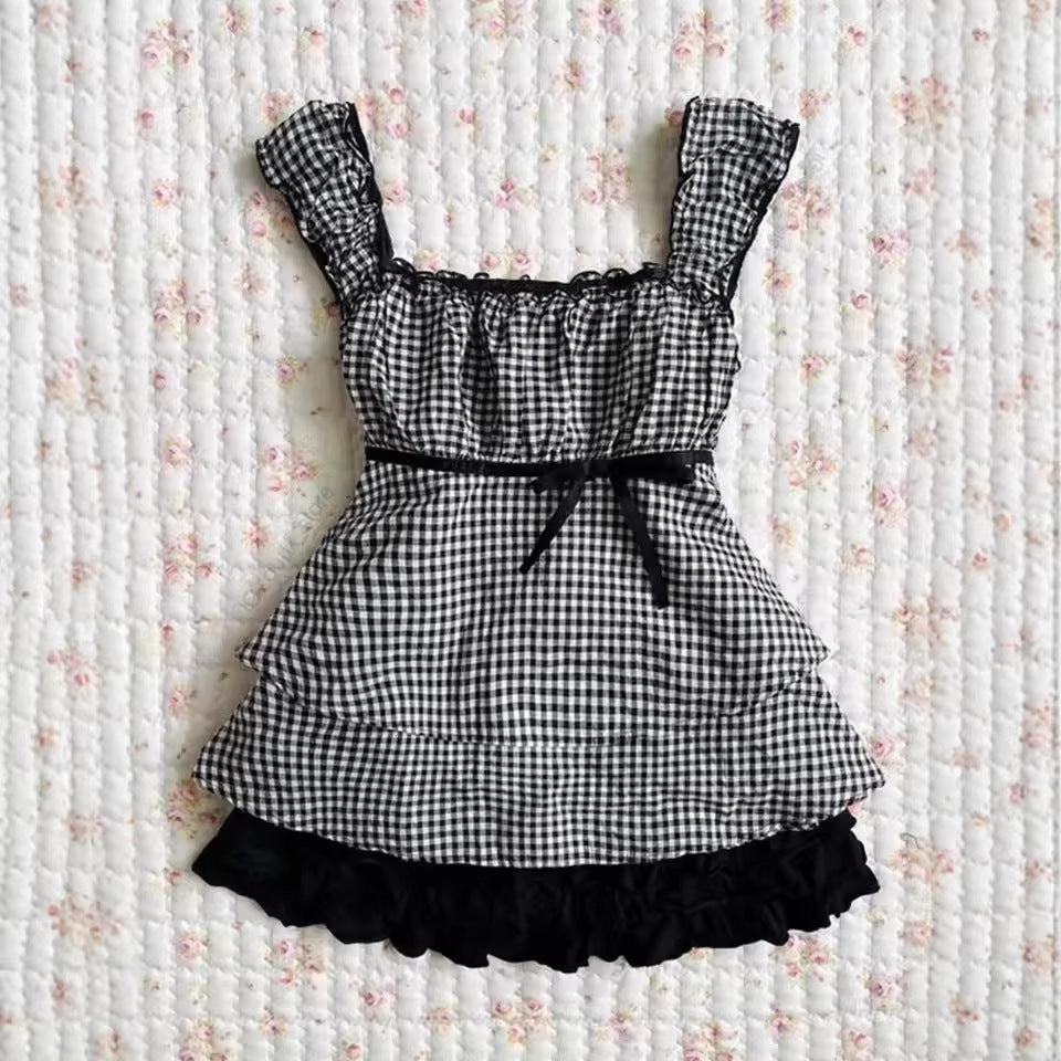 Damen Rüschenshirt mit Gingham-Muster und elastischen Trägern EB